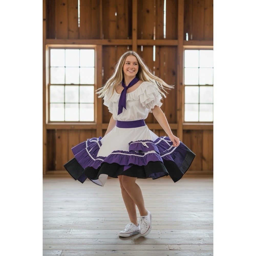 Square Up Fashions Square Dance Skirt Apron Scarf Set Purple White Star USA S